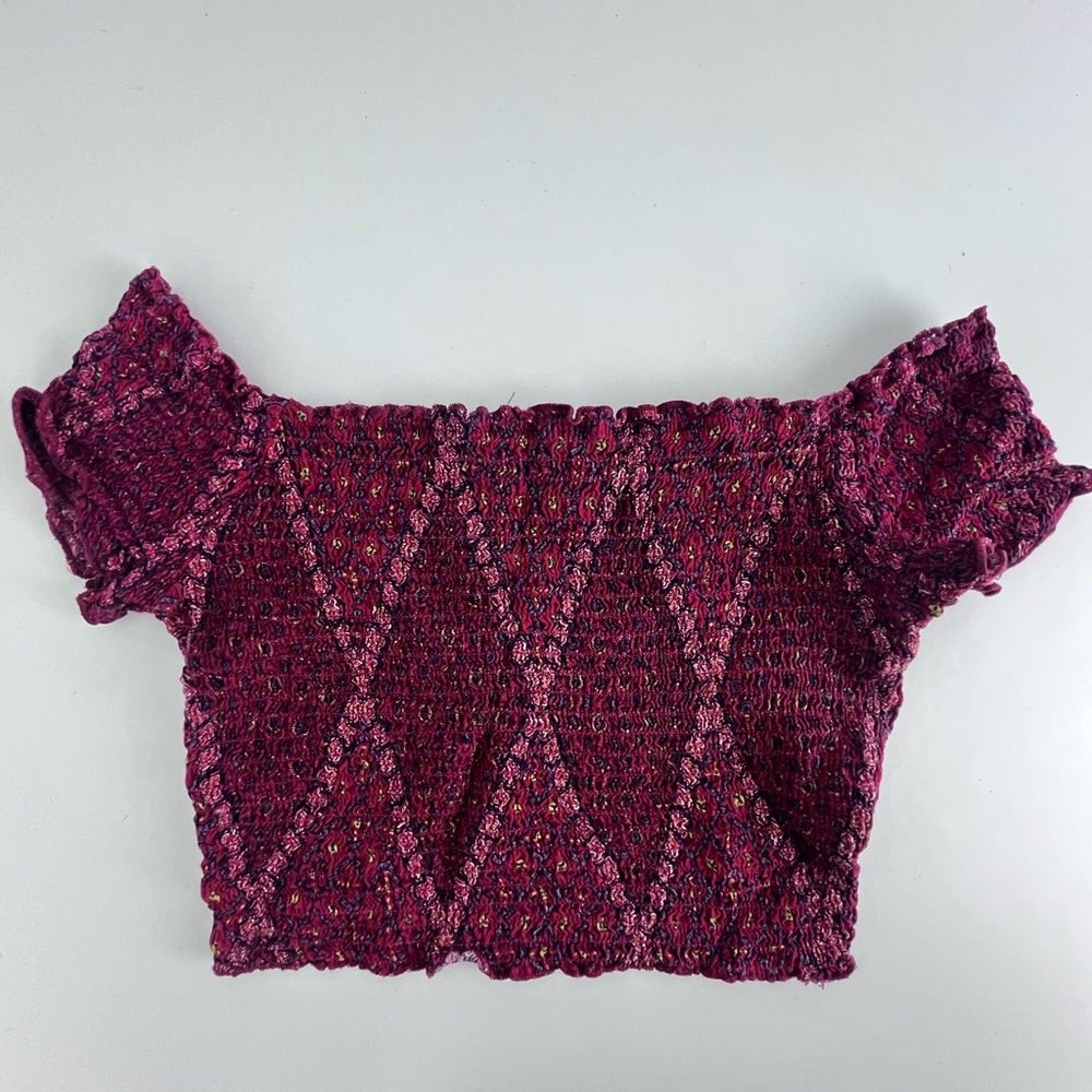 Kendall & Kylie Burgundy Smocked Off-Shoulder Crop Top Y2K